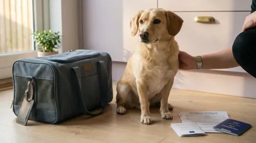 Mixed-breed dog beside an international health certificate for dogs and travel paperwork on a sunlit kitchen floor
