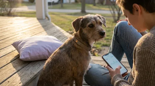 Mixed-breed dog with a PetPace biofeedback collar on a sunlit porch beside an owner glancing at an HRV chart on a phone