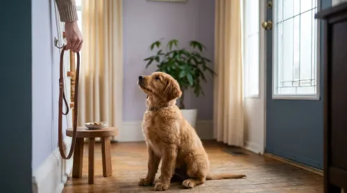 A puppy waiting by the front door beside a ready leash and treats, the start of a potty training routine