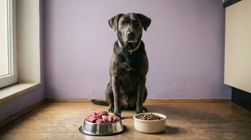 Lean mixed-breed dog sitting between two bowls, raw dog food and kibble, in a sunlit kitchen for an honest comparison