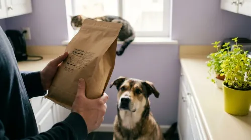 Hands reading the back label of a vet recommended pet food bag in a sunlit kitchen as a dog waits
