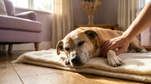 Senior mixed-breed dog resting on a cream wool throw with an owner's hand on shoulder — quiet evidence-based care