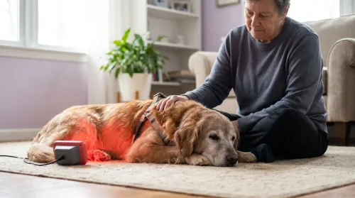 A gray-muzzled senior golden retriever dozing through a red light therapy session as its owner rests a hand on its back