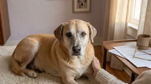 Senior mixed-breed dog with a greying muzzle on a cream rug beside veterinary paperwork, responsible pet ownership at 12
