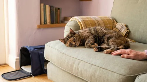 Senior tortoiseshell cat settled on a sage sofa with adopter's hands resting at her paws after pet adoption