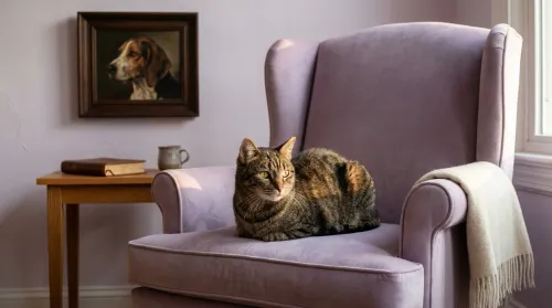 Tabby cat on a lavender armchair below a small framed pets-in-art portrait in soft afternoon window light