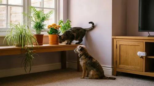 Pet-proofing your home: tabby cat noses toward cat-safe spider plants on a sunlit windowsill, terrier on the rug