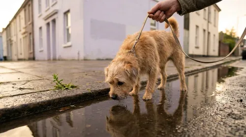 A small leashed terrier sniffing a roadside rain puddle, the kind of standing water that spreads leptospirosis in dogs