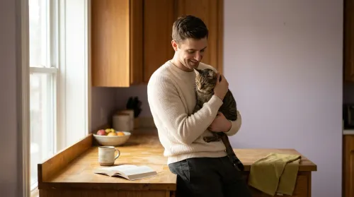 A young man holding a calm tabby cat in his kitchen, the cat-dad reality 2025 pet ownership statistics confirm